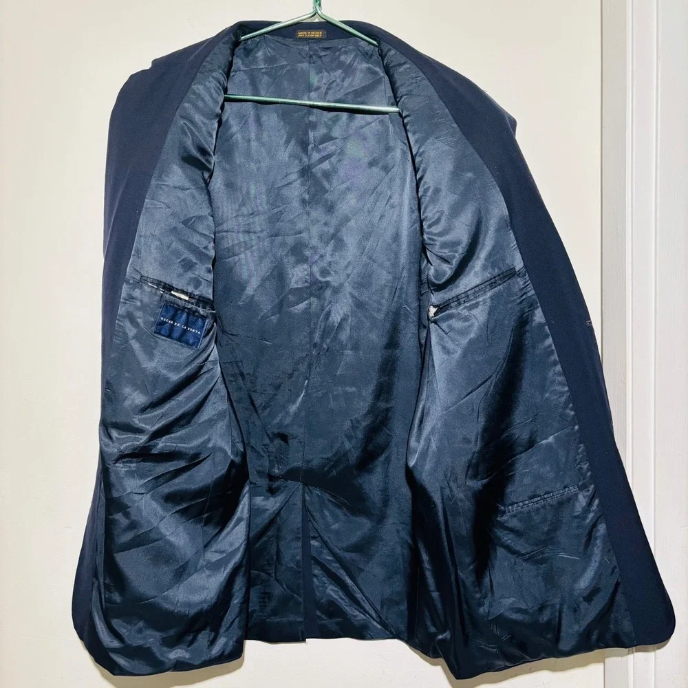 Oscar de‎ la Renta Blazer Mens 46L Navy Blue 100% Wool Lined Jacket Classic Fit
